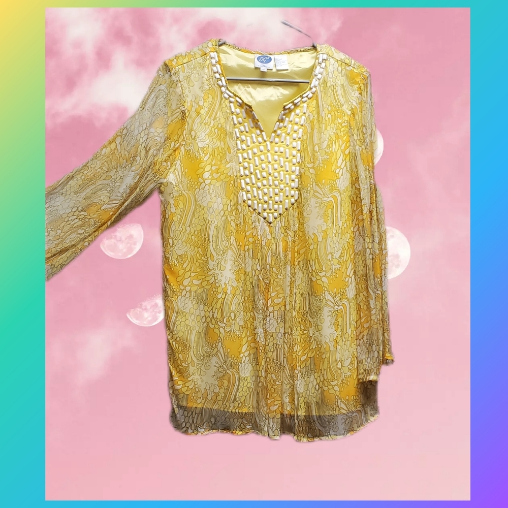 Honeysuckle Yellow Paisley Blouse White Beaded Neckline - Picture 7 of 12